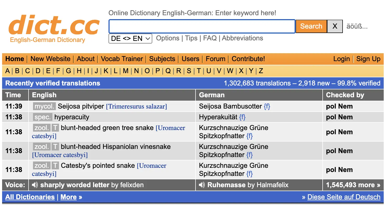 The home page of dict.cc German-English dictionary app.